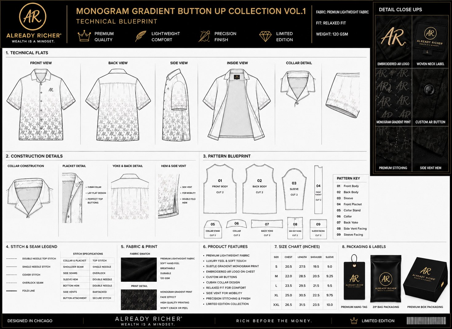 Monogram Gradient Button-Up — official technical blueprint sheet